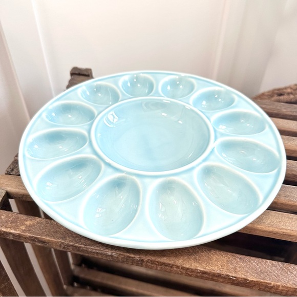 Other - Vintage Deviled Egg Light Blue Ceramic Plate Platter Serving Dish 11” Portugal